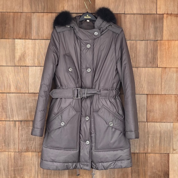 Burberry Grey Metallic Coat w/ Real Fox Fur Trim